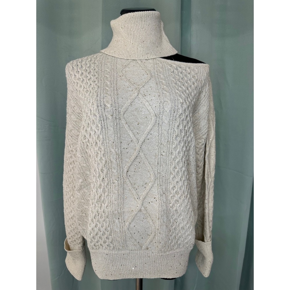 Sofia Vergara Knit Sweater Sparkle Sequins Mock Neck Open Shoulder Cream XL